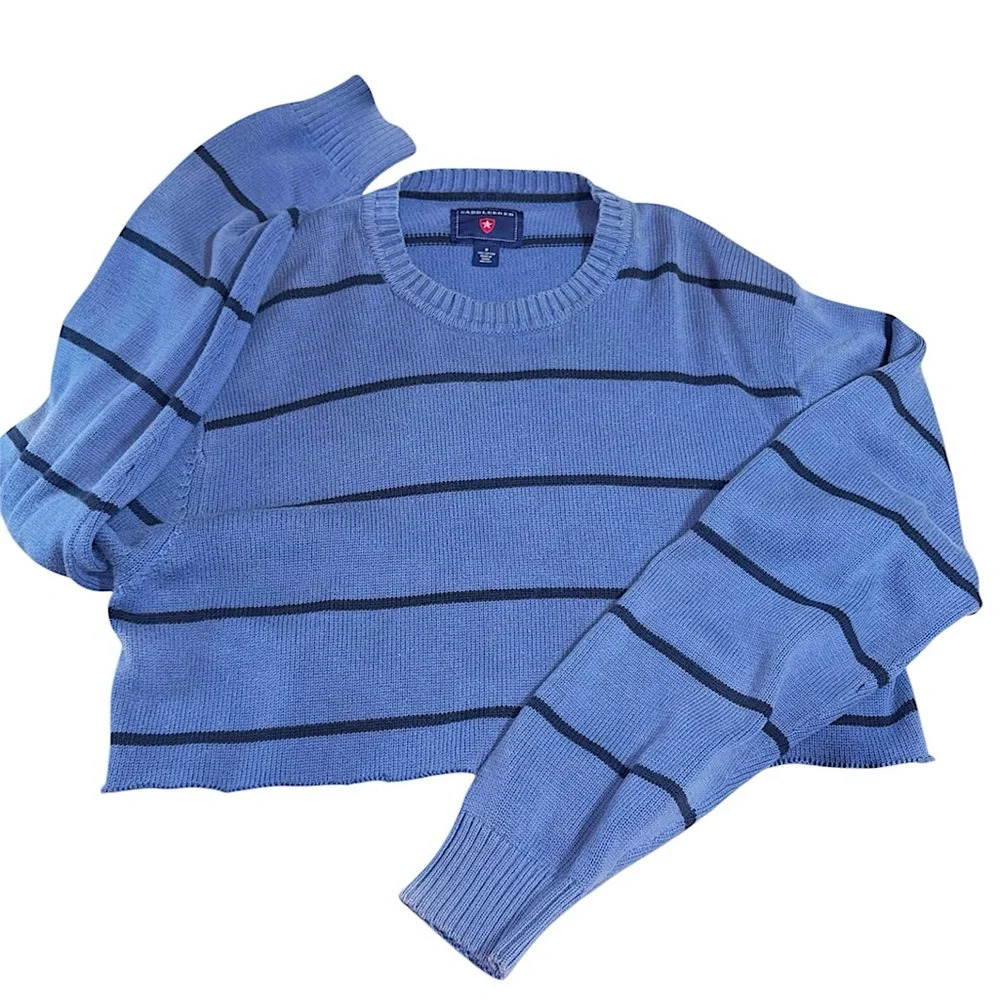 Saddlebred Blue Striped Cotton Knit Sweater Cropped size Medium